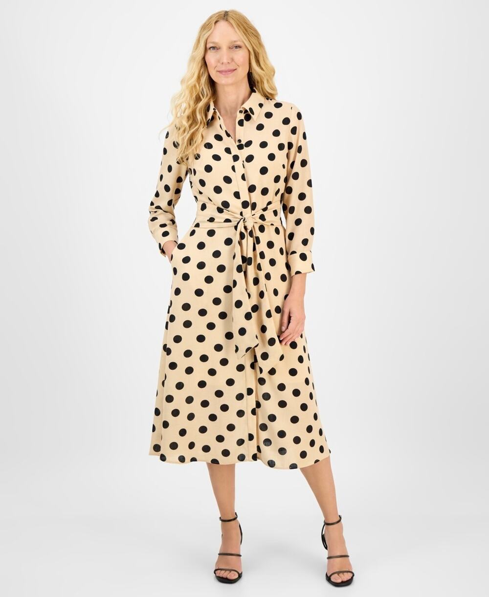 julia jordan Women's Dot-Print Tie-Waist Shirtdress Tan Size 12 2969